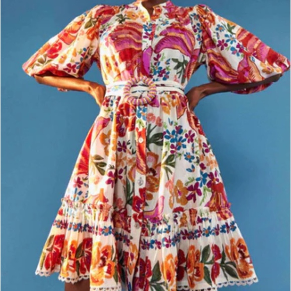 NWT Farm Rio Spring Bananas Belted Puff Sleeve Mini Dress XL